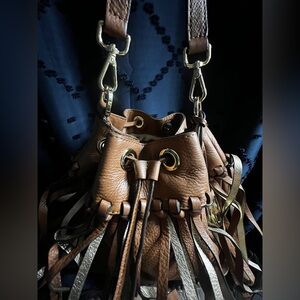 Brown Fringe Leather Bucket Bag